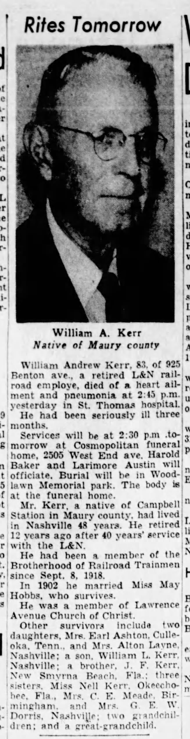William A Kerr Obituary, The Tennessean (Nashville, TN) Fri - 20 May 1960