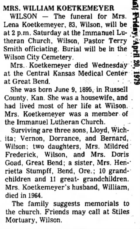 Mrs William Koetkemeyer obit
April 20 1979 Salina Kansas