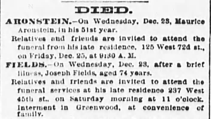 1896-12-23 Death Joseph Fields 74yrs NYC