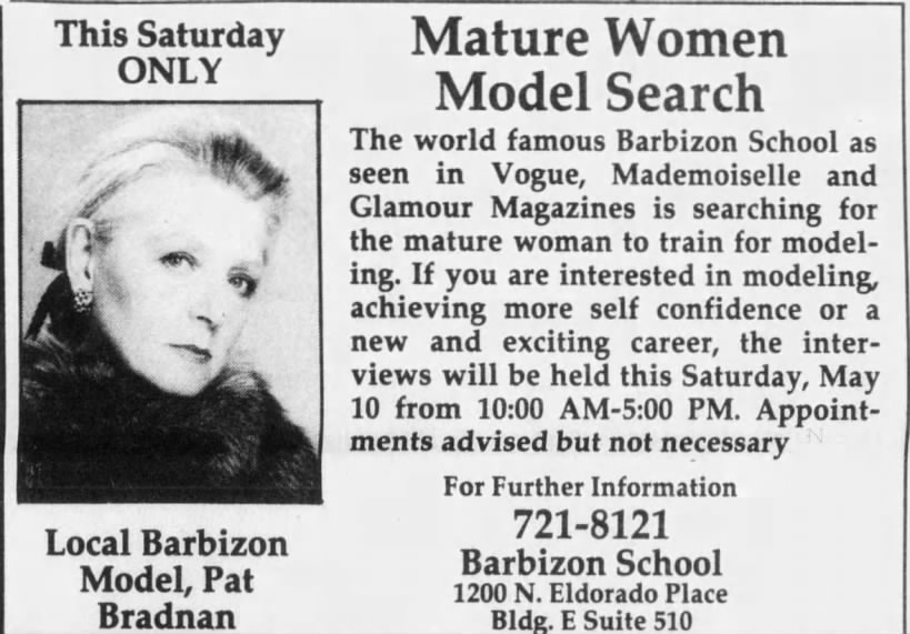 Pat Bradnan, Barbizon Model, 10 May 1986, Arizona Daily Star (Tucson)