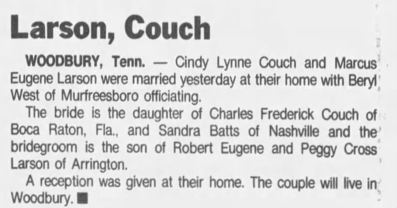 Cindy Couch marries Marc Larson, Tennessean, 28 May 1995, page 64, Sun