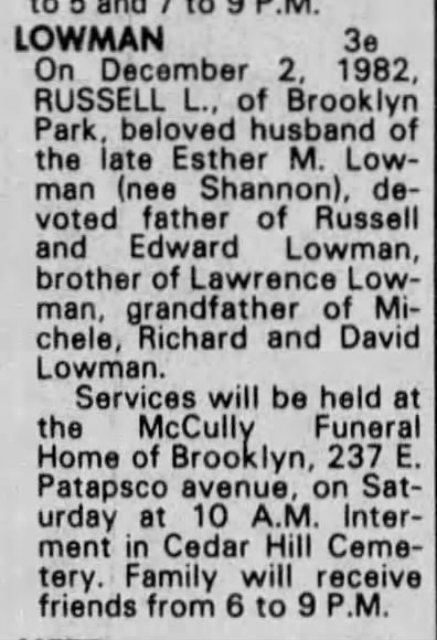 Russell L Lowman Obituary