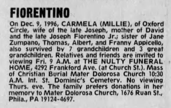 Fiorentino, Carmella (Appicello) obit. 1996