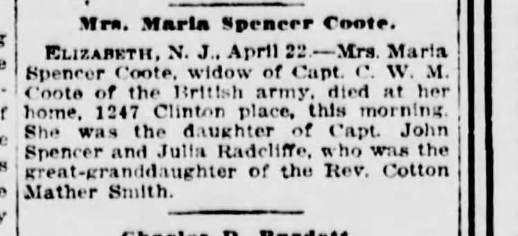 Maria Spencer Coote,  death Elizabeth, N.J. 1247 Clinton Place.  23 Apr 1916.  NY,NY The Sun