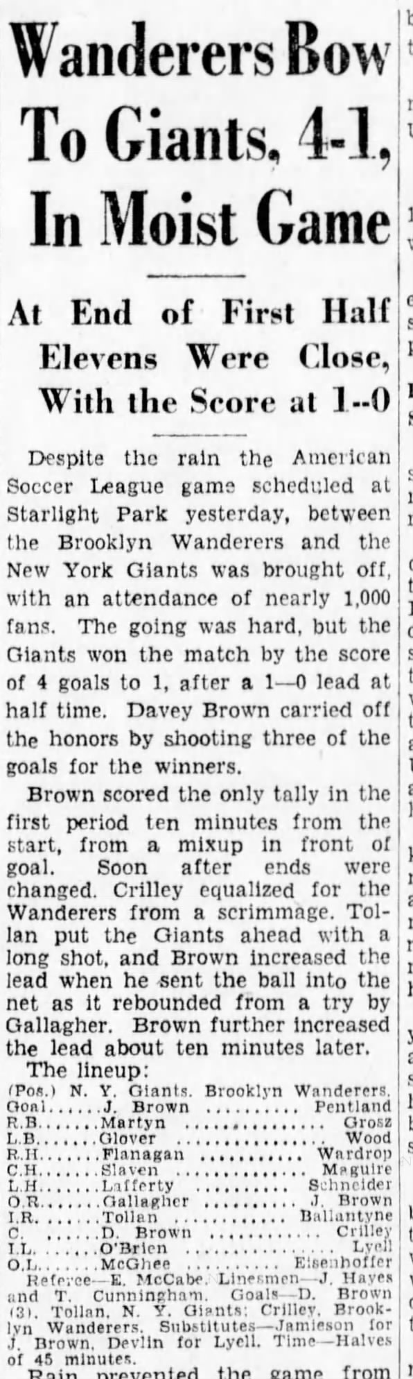 James Brown Brooklyn Wanderers Vs NY Giants, Brooklyn Daily Eagle April 27, 1931