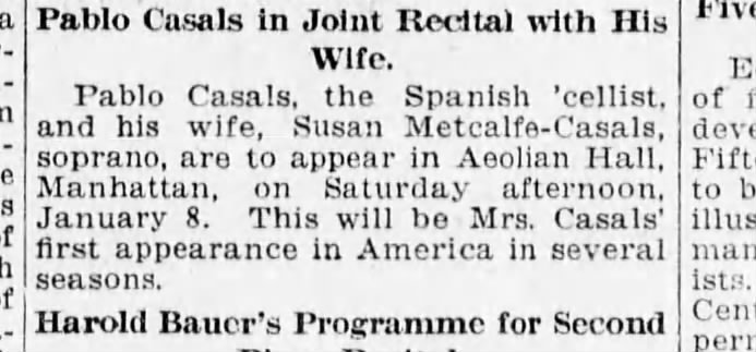 1915 the Jan 8 1916 joint recital Casals 1st US appearance since 1905ish?
