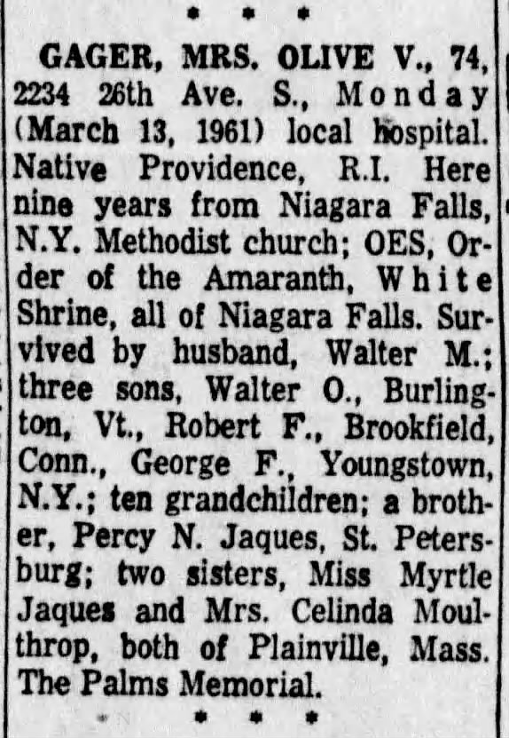 Tampa Bay Times (St Petersburg) 14 Mar 1961
Olive V (Jaques) Gager Obituary