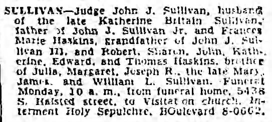 John J Sullivan Sr Obituary 02 Feb 1951 Chicago Tribune Chicago IL