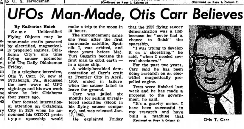 UFOs man-made Otis Carr Believes