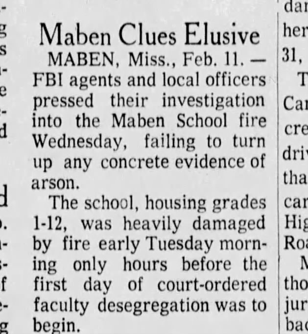 Maben school destroyed by fire one day before the first day of court-ordered faculty segregation