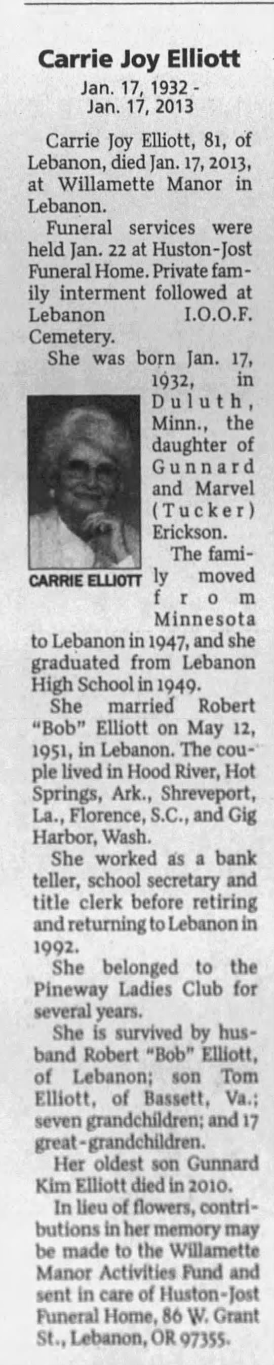 Carrie Joy Elliott - obituary