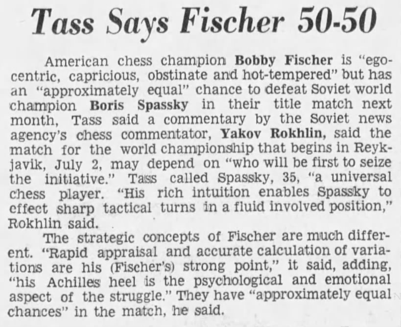 Tass Says Fischer 50-50