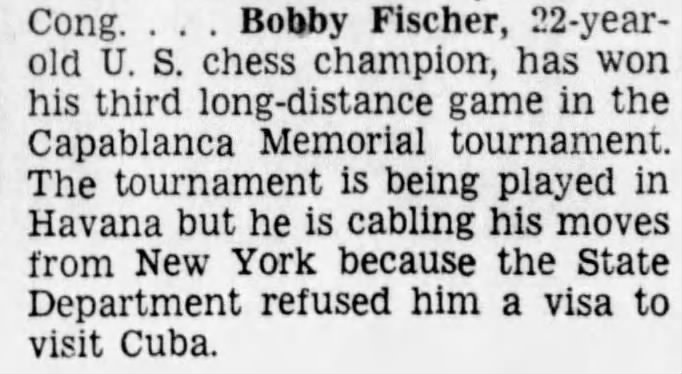 Bobby Fischer Wins Third Long-Distance Game