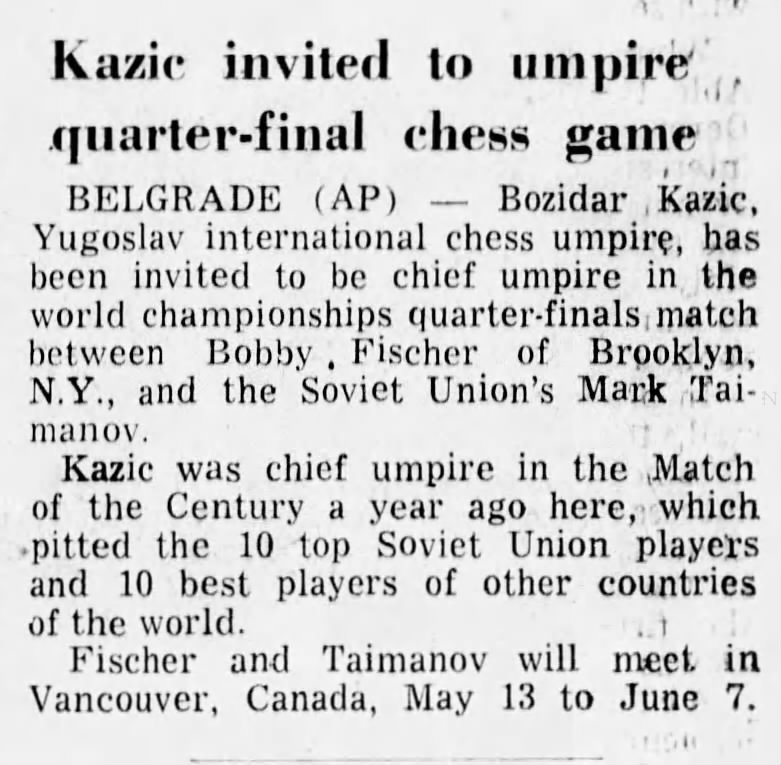 Kazic Invited to Umpire Quarter-Final Chess Game