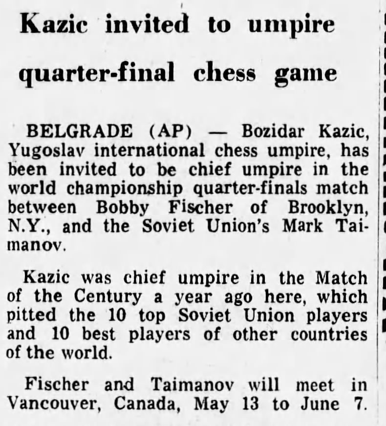 Kazic Invited to Umpire Quarter-Final Chess Game