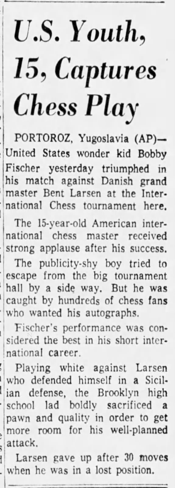 U.S. Youth, 15, Captures Chess Play