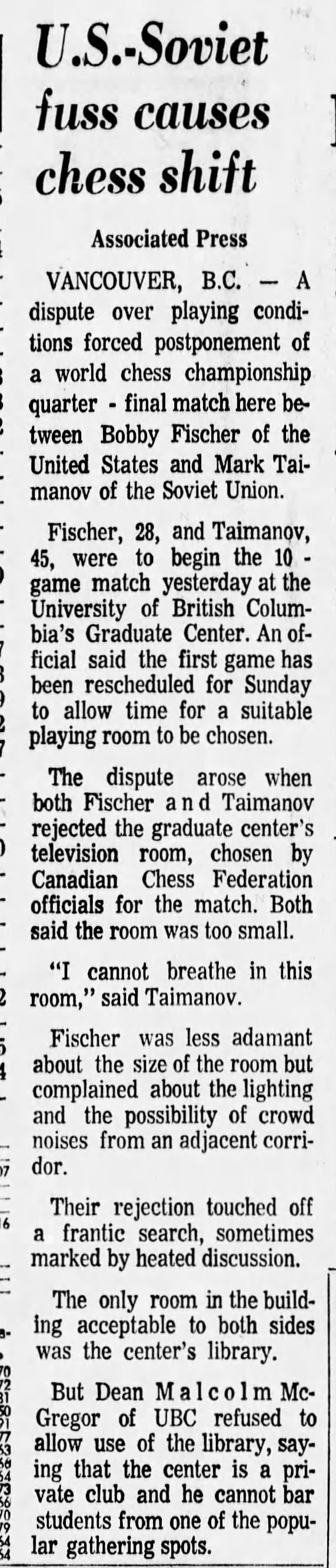 U.S.-Soviet Fuss Causes Chess Shift