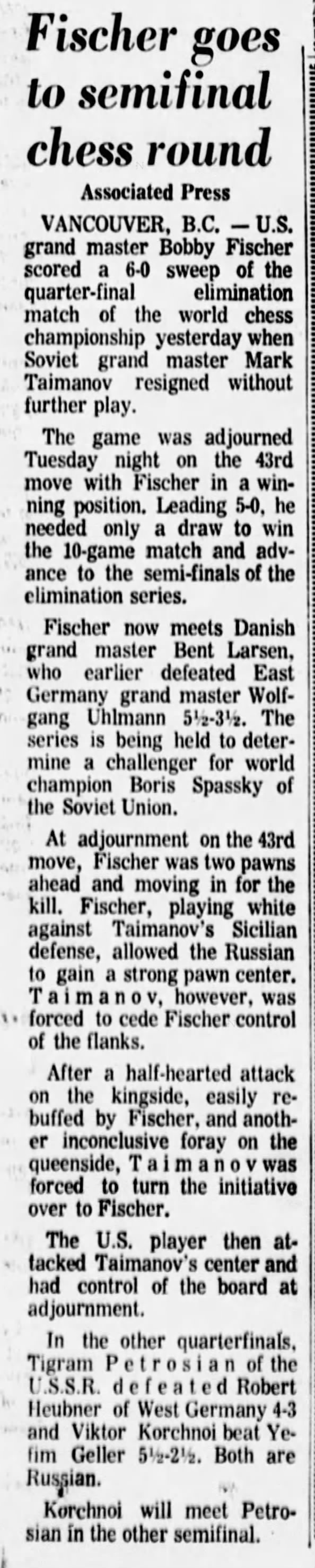 Fischer Goes To Semifinal Chess Round
