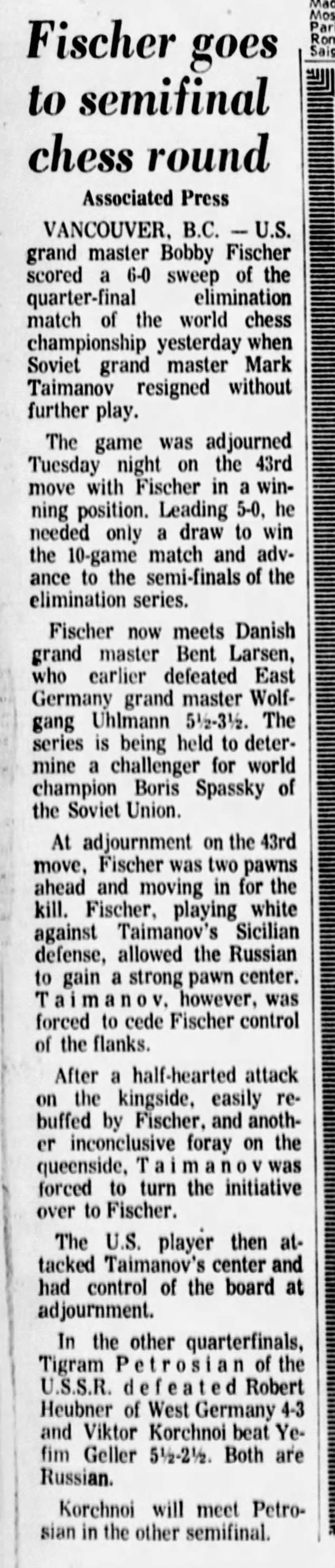 Fischer Goes To Semifinal Chess Round