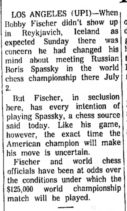 Fischer Intends to Play Spassky