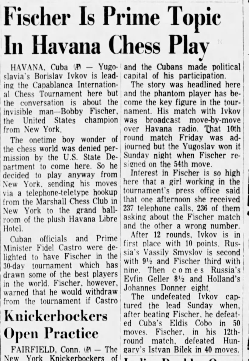 Fischer Is Prime Topic In Havana Chess Play