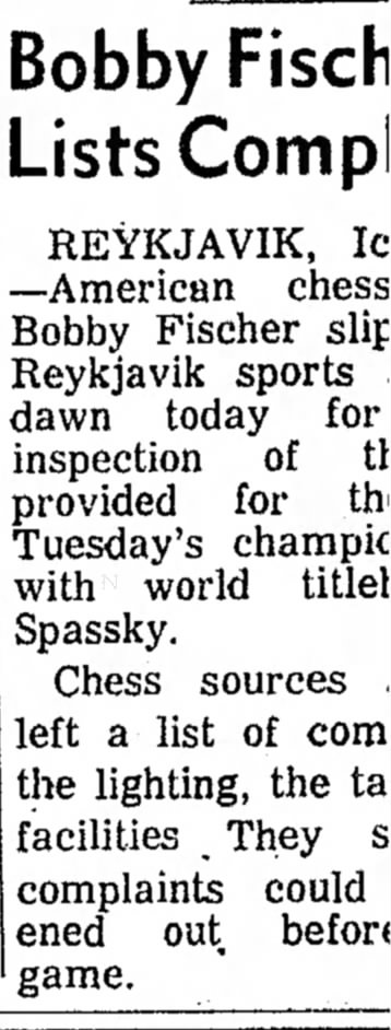 Bobby Fischer Lists Complaints