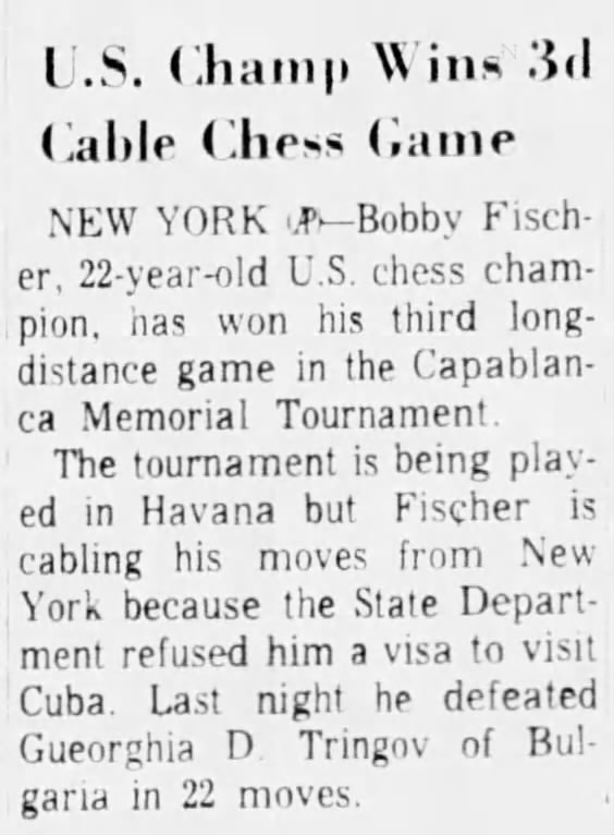 U.S. Champ Wins 3d Cable Chess Game
