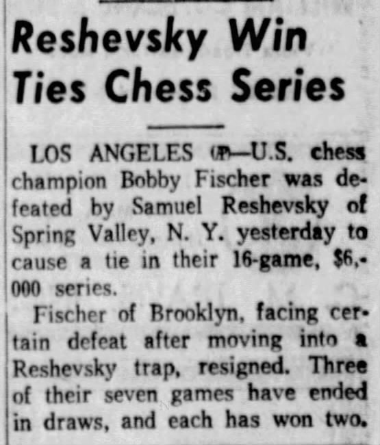 Reshevsky Win Ties Chess Series