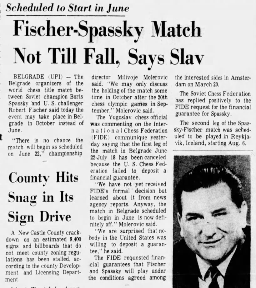 Fischer-Spassky Match Not Till Fall, Says Slav