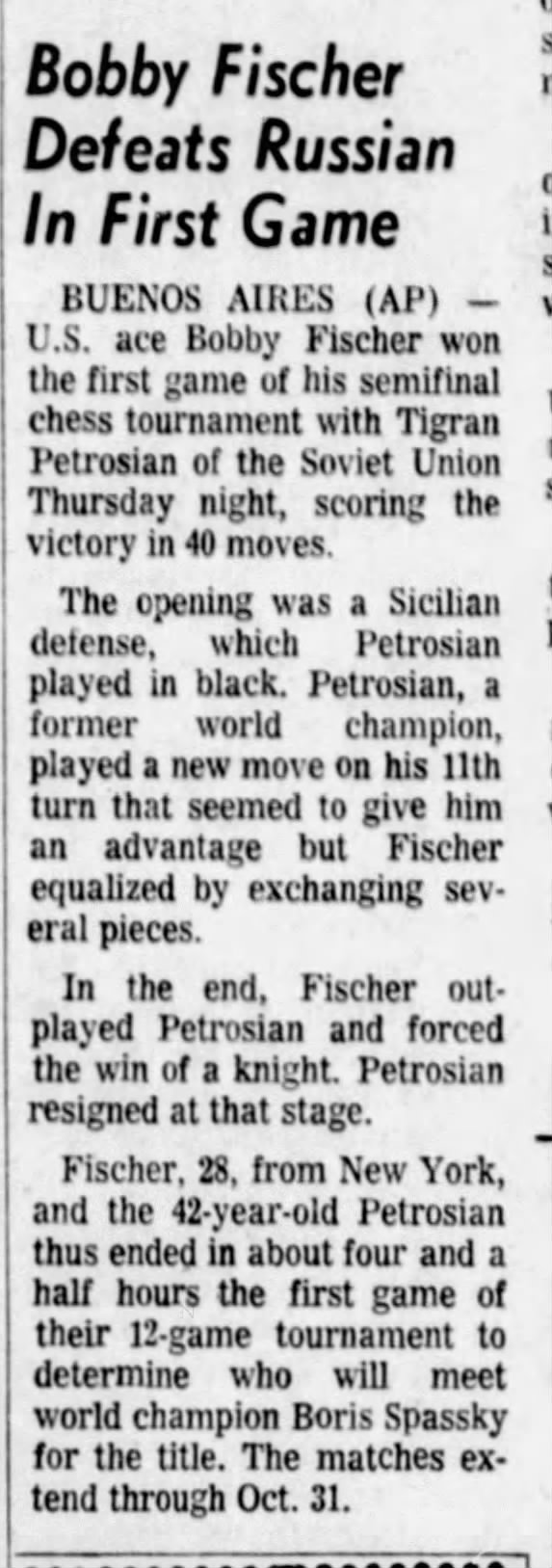Bobby Fischer Defeats Russian in First Game