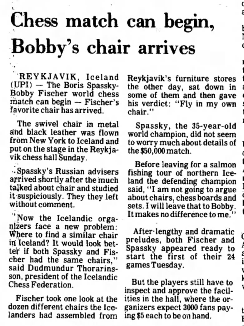 Chess Match Can Begin, Bobby's Chair Arrives