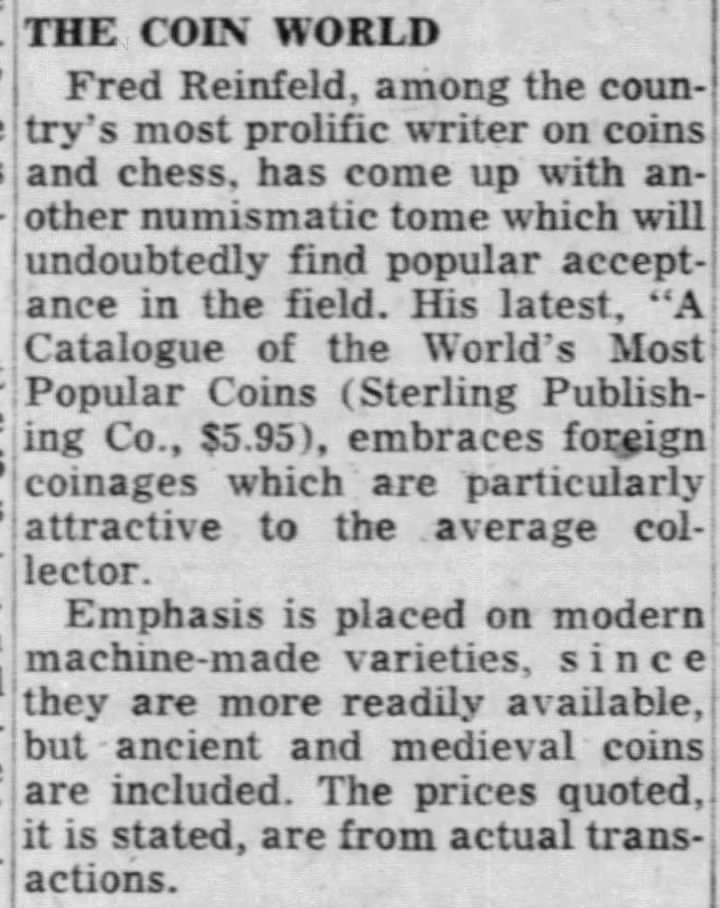 Fred Reinfeld, The Coin World