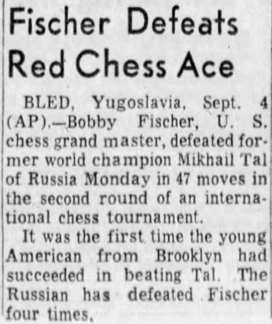 Fischer Defeats Red Chess Ace