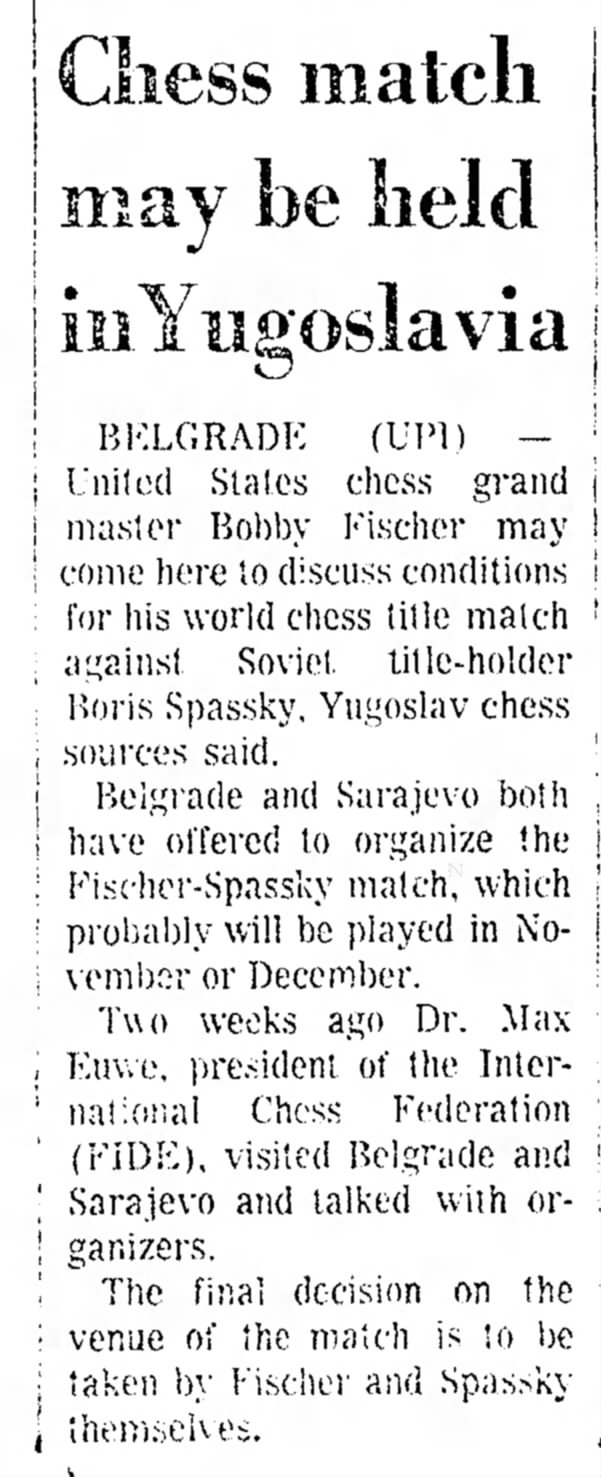 Chess Match May Be Held In Yugoslavia