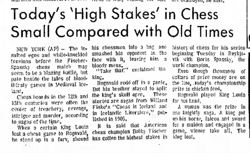 Today's 'High Stakes' in Chess Small Compared with Old Times