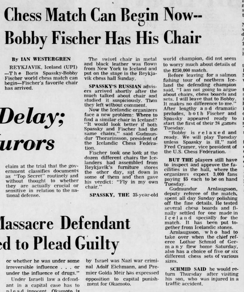 Chess Match Can Begin Now--Bobby Fischer Has His Chair