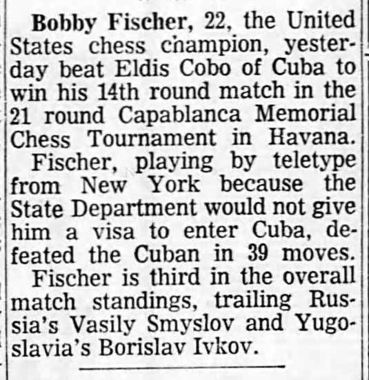 Bobby Fischer vs Eldis Cobo of Cuba