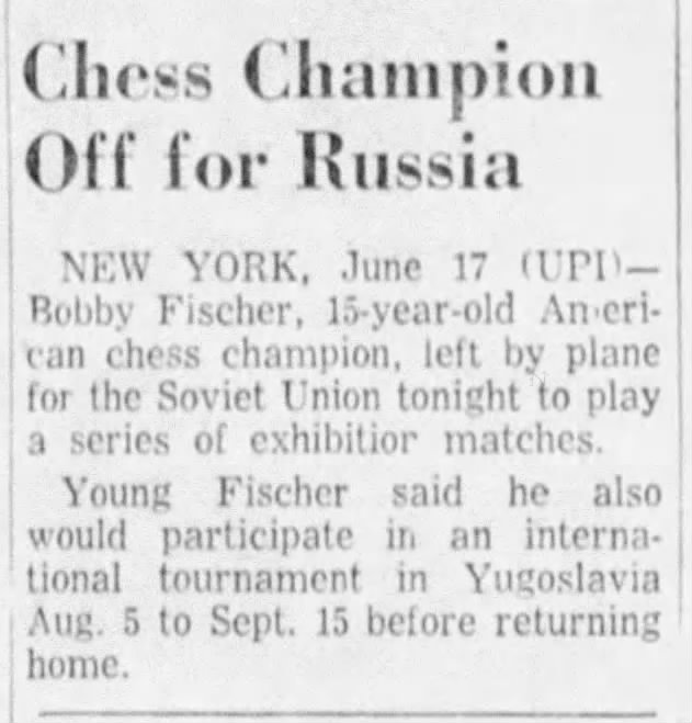 Chess Champion Off for Russia