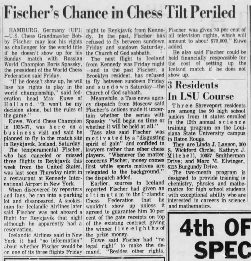 Fischer's Chance in Chess Title Periled