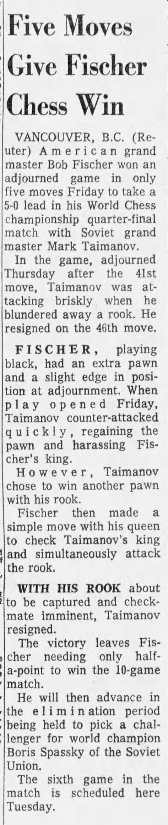 Five Moves Give Fischer Chess Win