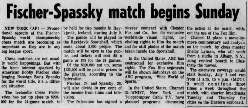Fischer-Spassky Match Begins Sunday