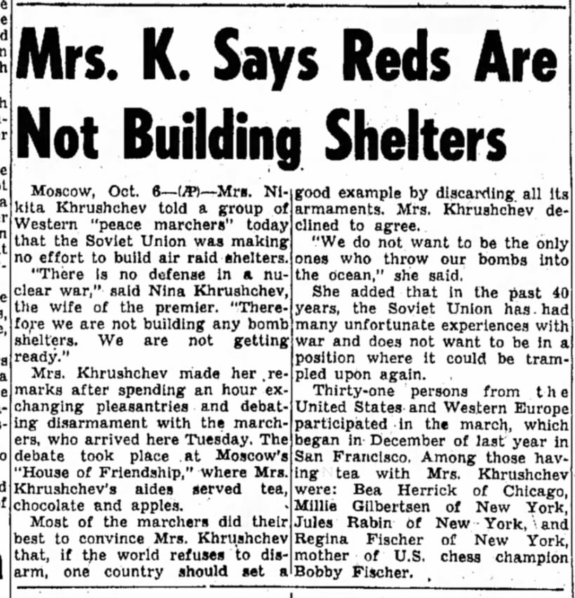 Mrs. K. Says Reds Are Not Building Shelters