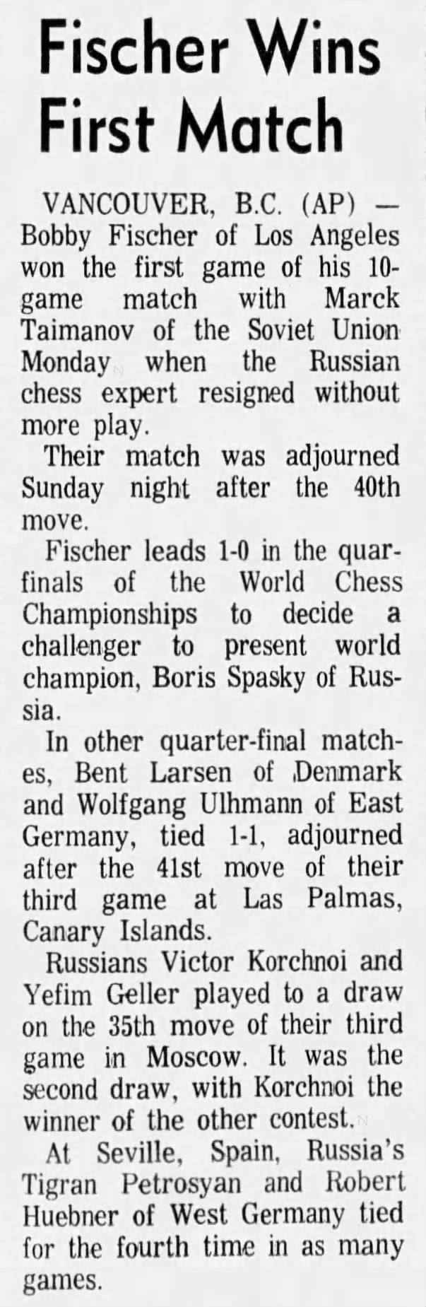 Fischer Wins First Match