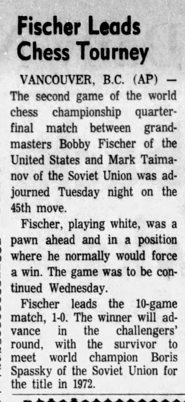 Fischer Leads Chess Tourney