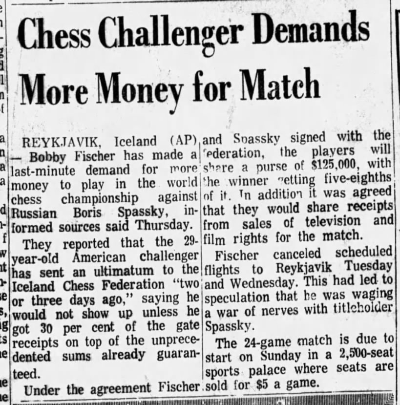 Chess Challenger Demands More Money for Match