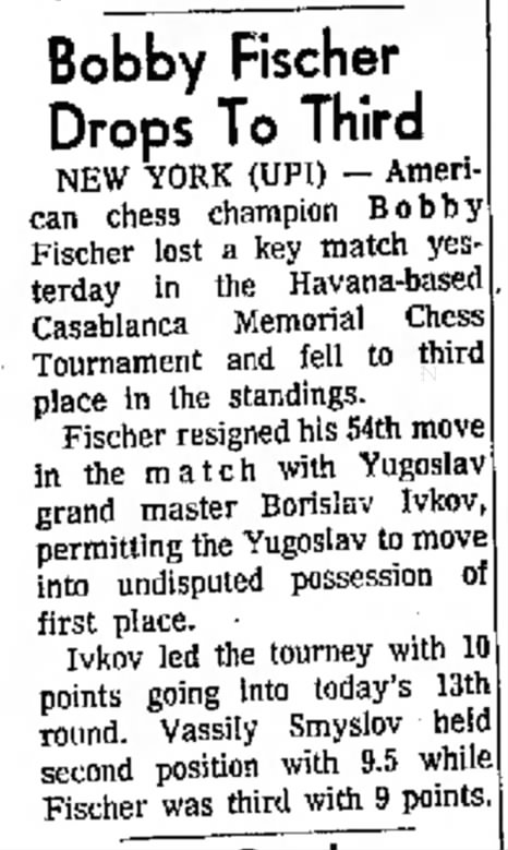 Bobby Fischer Drops To Third