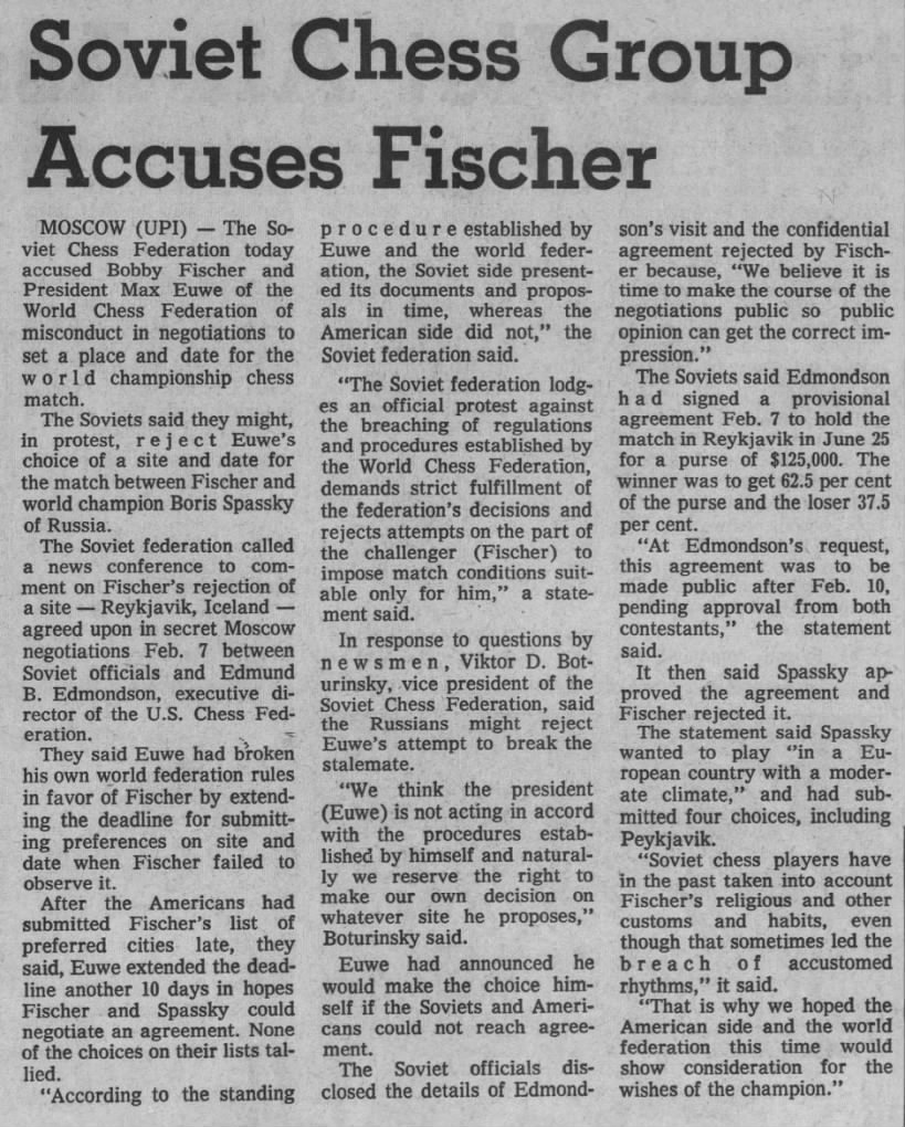 Soviet Chess Group Accuses Fischer