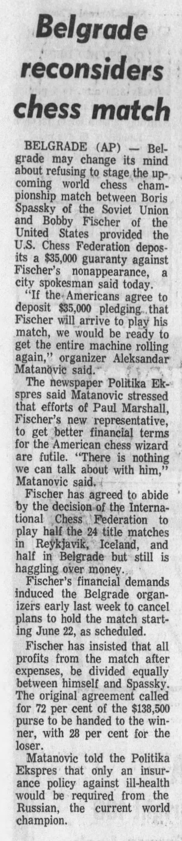 Belgrade Reconsiders Chess Match