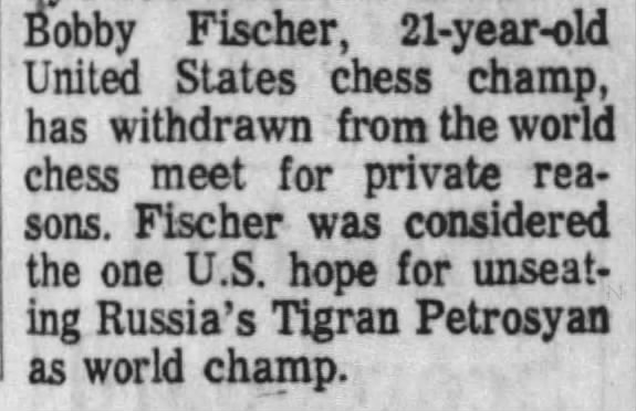 Bobby Fischer Withdrawn From Chess Tourney