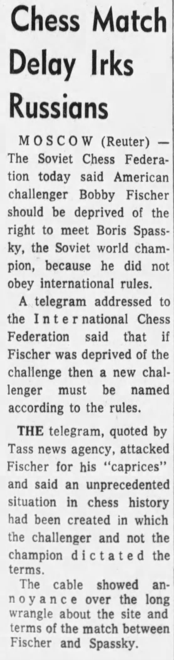 Soviet Rumor Mill: Chess Match Delay Irks Russians